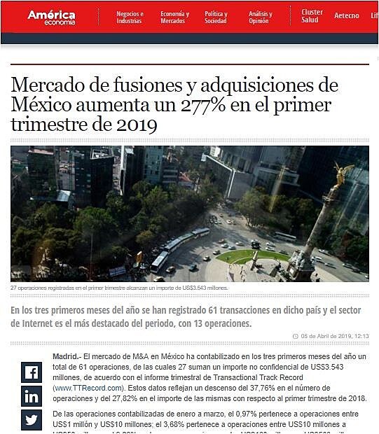 Mercado de fusiones y adquisiciones de Mxico aumenta un 277% en el primer trimestre de 2019